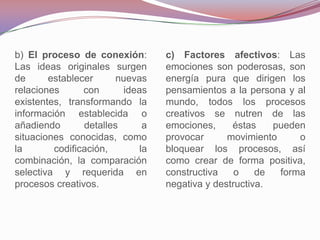 b) El proceso de conexión:         c) Factores afectivos: Las
Las ideas originales surgen        emociones son poderosas, son
de      establecer      nuevas     energía pura que dirigen los
relaciones      con       ideas    pensamientos a la persona y al
existentes, transformando la       mundo, todos los procesos
información establecida o          creativos se nutren de las
añadiendo       detalles       a   emociones,     éstas    pueden
situaciones conocidas, como        provocar      movimiento     o
la       codificación,        la   bloquear los procesos, así
combinación, la comparación        como crear de forma positiva,
selectiva y requerida en           constructiva    o    de  forma
procesos creativos.                negativa y destructiva.
 