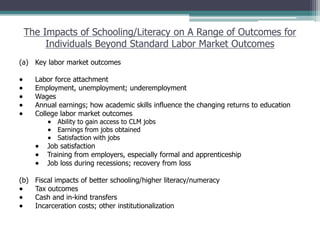 The Impacts of Schooling/Literacy on A Range of Outcomes for
Individuals Beyond Standard Labor Market Outcomes
(a) Key labor market outcomes
 Labor force attachment
 Employment, unemployment; underemployment
 Wages
 Annual earnings; how academic skills influence the changing returns to education
 College labor market outcomes
 Ability to gain access to CLM jobs
 Earnings from jobs obtained
 Satisfaction with jobs
 Job satisfaction
 Training from employers, especially formal and apprenticeship
 Job loss during recessions; recovery from loss
(b) Fiscal impacts of better schooling/higher literacy/numeracy
 Tax outcomes
 Cash and in-kind transfers
 Incarceration costs; other institutionalization
 