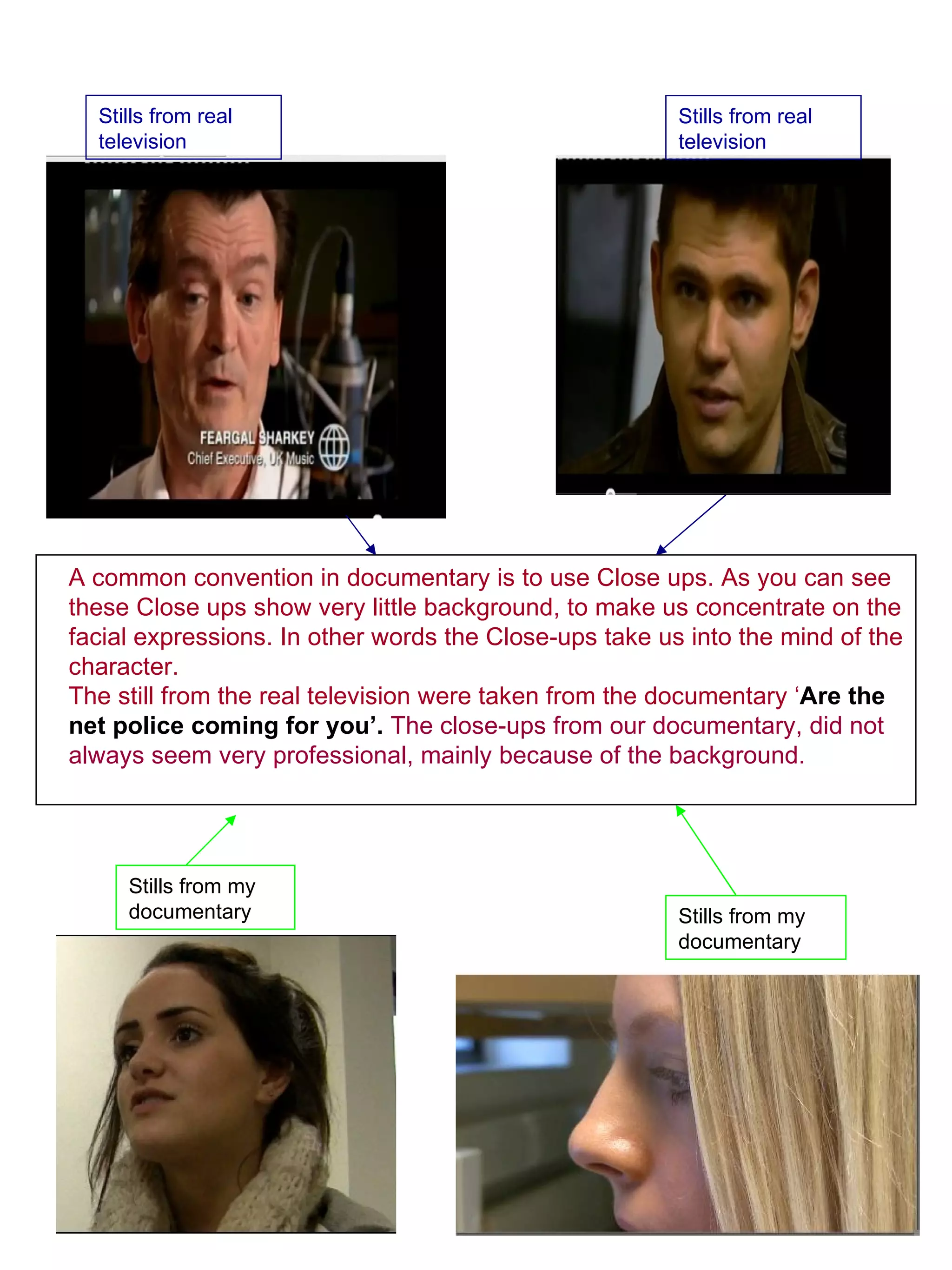 Stills from real television  Stills from my documentary  Stills from real television  Stills from my documentary  A common convention in documentary is to use Close ups. As you can see these Close ups show very little background, to make us concentrate on the facial expressions. In other words the Close-ups take us into the mind of the character.  The still from the real television were taken from the documentary ‘ Are the net police coming for you’.  The close-ups from our documentary, did not always seem very professional, mainly because of the background.   