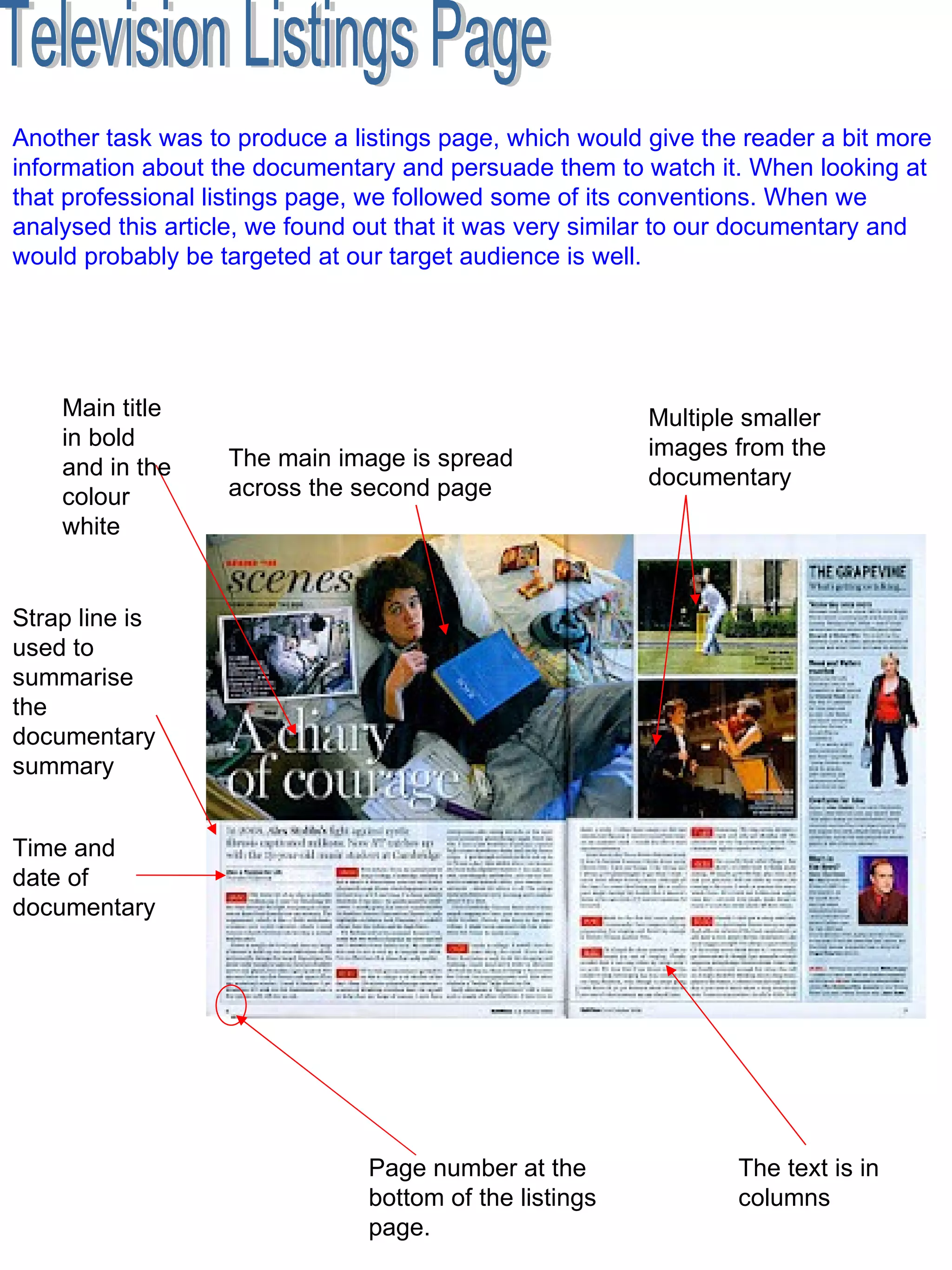 Television Listings Page  The main image is spread across the second page Main title in bold and in the colour white Multiple smaller images from the documentary Strap line is used to summarise the documentary summary  Page number at the bottom of the listings page.  The text is in columns  Time and date of documentary Another task was to produce a listings page, which would give the reader a bit more information about the documentary and persuade them to watch it. When looking at that professional listings page, we followed some of its conventions. When we analysed this article, we found out that it was very similar to our documentary and would probably be targeted at our target audience is well.  