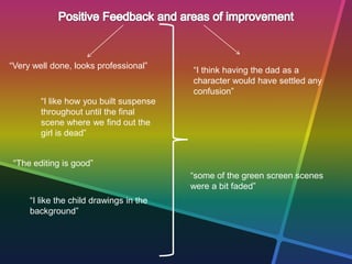 “Very well done, looks professional”
“I like how you built suspense
throughout until the final
scene where we find out the
girl is dead”
“The editing is good”
“I like the child drawings in the
background”
“I think having the dad as a
character would have settled any
confusion”
“some of the green screen scenes
were a bit faded”
 
