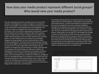 How does your media product represent different social groups?
Who would view your media product?
The audience that would view our product would be our teenage
target audience of people aged 15, young adults up to the age of 25
and teenage parents. I could tell this would be our target due to us
planning our protagonist in her teens and being relatable to
teenagers of her age both boys and girls could connect which the
representation of Lily (the protagonist) as he is present in a modern
way. We also considered the max age group which would view our
product, being people up to the age of 25. We thought this through,
and from our initial survey of thriller films the results presented
people up to the age being the max age of interest in this style of
film, and considering the protagonists age, people aged 20+ would
find it hard to want to watch due to the character being younger
than themselves. Parents might watch our product as well, as they
could be interested in the plot of our product and how this could
relate to real life situations of our modern world.
The other social group we had to consider was this minority of the
unknown, the antagonist in our piece. Strangers are considered a
threat to most people, many of which are harmless however we had to
create a threat with minimal appearances of the antagonist in the
product to create our ambiguous tone. We had to follow the
stereotype in this circumstance, wearing black clothing with a hood to
hide the identity of the stalker to follow the idea of the unknown.
However he didn’t wear a mask or a big trench coat, instead it was
simple clothing: black jeans and coat, which represents this unknown
person in a more realistic way to our audience in connoting the
antagonist as being anybody, not just a weird odd person with a
messed up background. To further present this social group, the ways
he acts would suggest certain things to the audience so we had to plan
the way he acts in a way to add realism to the product, like the
audience can imagine this style of character in real life. Steering away
from weapons and harmful things one might see in thrillers, we
challenged the convention in him being a small suspicious character.
The ambiguous tone is evident in the opening sequence of the pin
board, as he is portrayed to have created this to follow our protagonist.
This is an immediate thought to our audience as it connotes some sort
of thing wrong with him in the head. However, later in the product he
is shown to use little movement which implies to the audience the
ways he acts is subtle like its not even happening so he is presented as
being just like anyone else, a normal person.
Our results table showing the interest in thriller films
which simulated us to create our product for this target
market
 