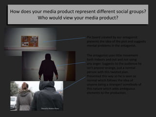 How does your media product represent different social groups?
Who would view your media product?
Pin board created by our antagonist
presents the idea of the plot and suggests
mental problems in the antagonist.
The antagonist uses little movement
both indoors and out and not using
any anger. Suggests to the audience he
isn't anyone strange, just a normal
person with this twisted plan.
Presented this way so he is seen as
normal which follows the idea of
anyone being a stranger/ somebody of
this nature which adds ambiguous
elements to the production.
 