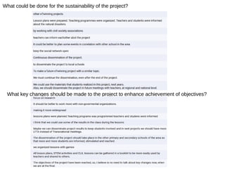 What could be done for the sustainability of the project?
What key changes should be made to the project to enhance achievement of objectives?
 