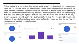 At the beginning of my project, the process went smoothly, I finished all my research and
presented my rationale. From my survey results I found that my rationale was successful, the
target audience understood my idea and who the client was as well as saying that it appealed to
them. For the improvement section of my feedback I was quite pleased due to two people saying
that there was nothing to improve, and the only other feedback was directed at the way I
presented, saying I should speak more clearly/directly. To help this I represented my rationale,
rehearsed it more beforehand and spoke more confidently. I would say that this did help my
confidence with speaking in front of a crowd.
 