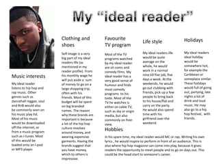 My “ideal reader”  Clothing and shoesFavourite TV programHolidaysLife style My ideal readers ideal holiday would be somewhere hot, for example the Caribbean or someplace similar. These holidays would full of going out, partying, late nights a lot of drink and loud music. He may also go to a hip hop festival,  with friends.   My ideal readers life would be quite average on the whole, he would work in a normal nine till five job, five days a week. At the weekends, he would go out clubbing with friends, pick up a few people to bring back to his house/flat and carry on the party. He would also spend time with his girlfriend over the weekend.  Self image is a very big part of my ideal readers life (as mentioned in my reader profile). From his monthly wage he will put aside a  sum of money to go on a large shopping trip, often with his friends. Most of this budget will be spent on big branded names. The reason why these brands are important is because a lot of the hip hop culture revolves around money, and wearing expensive garments. Having the brands suggest that you have money, which to others is impressive.Most of the TV programs watched by my ideal reader are sit-coms and comedy films. My ideal reader has a very good sense of humour and finds most comedy programs  to his taste. Most of the TV he watches is either on cable TV, such as sky or virgin media, but also commonly on free-view.Music interests My ideal reader listens to hip hop and rap music. Other genres such as dancehall reggae, soul and RnB would also be commonly seen on his music play list. Most of his music would be downloaded off the internet, or from a music program such as I-tunes. Most of this would be loaded onto an I-pod or MP3 player.  HobbiesIn his spare time, my ideal reader would MC or rap. Writing his own lyrics , he would inspire to perform in front of an audience. This is also where hip hop magazine can come into play, because it gives readers the opportunity to meet people and to go on days out. This could be the head start to someone's career.