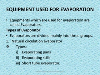 EQUIPMENT USED FOR EVAPORATION
• Equipments which are used for evaporation are
called Evaporators.
Types of Evaporator:
• Evaporators are divided mainly into three groups.
1. Natural circulation evaporator
 Types:
i) Evaporating pans
ii) Evaporating stills
iii) Short tube evaporator.
Hajvery University (Faculty of Pharmacy) 10
 