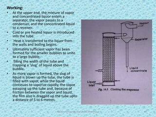 Working:
• At the upper end, the mixture of vapor
and concentrated liquor enters a
separator, the vapor passes to a
condenser, and the concentrated liquid
to a receiver.
• Cold or pre heated liquor is introduced
into the tube.
• Heat is transferred to the liquor from
the walls and boiling begins.
• Ultimately sufficient vapor has been
formed for the smaller bubbles to unite
to a large bubble,
• filling the width of the tube and
trapping a ‘slug’ of liquid above the
bubble.
• As more vapor is formed, the slug of
liquid is blown up the tube, the tube is
filled with vapor, while the liquid
continues to vaporize rapidly, the vapor
escaping up the tube and, because of
friction between the vapor and liquid,
the film also is dragged up the tube upto
a distance of 5 to 6 metres.
Hajvery University (Faculty of Pharmacy) 33
 