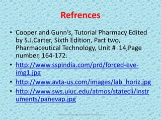 Refrences
• Cooper and Gunn’s, Tutorial Pharmacy Edited
by S.J.Carter, Sixth Edition, Part two,
Pharmaceutical Technology, Unit # 14,Page
number, 164-172.
• http://www.sspindia.com/prd/forced-eve-
img1.jpg
• http://www.avta-us.com/images/lab_horiz.jpg
• http://www.sws.uiuc.edu/atmos/statecli/instr
uments/panevap.jpg
Hajvery University (Faculty of Pharmacy) 39
 