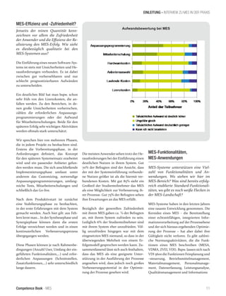Competence Book - MES
Aufwandsbewertung bei MES
EINLEITUNG - INTERVIEW ZU MES IN DER PRAXIS
11
MES-Effizienz und -Zufriedenheit?
Jenseits der reinen Quantität kenn-
zeichnen vor allem die Zufriedenheit
der Anwender und die Effizienz der Re-
alisierung den MES-Erfolg. Wie sieht
es diesbezüglich qualitativ bei den
MES-Systemen aus?
Die Einführung eines neuen Software-Sys-
tems ist stets mit Unsicherheiten und He-
rausforderungen verbunden. Es ist dabei
zwischen gut vorhersehbaren und nur
schlecht prognostizierbaren Aufwänden
zu unterscheiden.
Ein deutliches Bild hat man bspw. schon
sehr früh von den Lizenzkosten, die an-
fallen werden. Zu den Bereichen, in de-
nen große Unsicherheiten vorherrschen,
zählen die erforderlichen Anpassungs-
programmierungen oder der Aufwand
für Mitarbeiterschulungen. Beide für den
späteren Erfolg sehr wichtigen Aktivitäten
werden oftmals stark unterschätzt.
Wir sprechen hier von mehreren Phasen,
die in jedem Projekt zu beobachten sind.
Erstens die Vorbereitungsphase, in der
Anforderungen definiert, das Konzept
für den späteren Systemeinsatz erarbeitet
wird und ein passender Anbieter gefun-
den werden muss. Die sich anschließende
Implementierungsphase umfasst unter
anderem das Customizing, notwendige
Anpassungsprogrammierungen, umfang-
reiche Tests, Mitarbeiterschulungen und
schließlich das Go-live.
Nach dem Produktivstart ist zunächst
eine Stabilierungsphase zu beobachten,
in der erste Erfahrungen mit dem System
gemacht werden. Auch hier gilt: aus Feh-
lern lernt man… In der Synthesephase und
Synergiephase können dann die ersten
Erfolge verzeichnet werden und in einen
kontinuierlichen Verbesserungsprozess
übergegangen werden.
Diese Phasen können je nach Rahmenbe-
dingungen (Anzahl User, Umfang der ein-
geführten Funktionalitäten,…) und erfor-
derlichen Anpassungen (Schnittstellen,
Zusatzfunktionen,…) sehr unterschiedlich
lange dauern.
Die meisten Anwendersehen trotz der He-
rausforderungen bei der Einführung einen
deutlichen Nutzen in ihrem System. Gut
70% der Befragten sind der Ansicht, dass
der mit der Systemeinführung verbunde-
ne Nutzen größer ist als die hiermit ver-
bundenen Kosten. Mit gut 85% sieht ein
Großteil der Studienteilnehmer das MES
als eine Möglichkeit zur Verbesserung ih-
rer Prozesse. Gut 75% der Befragten sehen
ihre Erwartungen an das MES erfüllt.
Bezüglich der generellen Zufriedenheit
mit ihrem MES gaben ca. ¾ der Befragten
an, mit ihrem System zufrieden zu sein.
Lediglich 6% der Studienteilnehmer sind
mit ihrem System eher unzufrieden. Völ-
lig unzufrieden hingegen war mit dem
eingesetzten MES niemand, so dass in der
überwiegenden Mehrheit von einem Er-
folgsmodell gesprochen werden kann. Zu-
sammenfassend lässt sich auch festhalten,
dass das MES als eine geeignete Unter-
stützung in der Ausführung der Prozesse
angesehen wird, dass jedoch noch großes
Verbesserungspotential in der Optimie-
rung der Prozesse gesehen wird.
MES-Funktionalitäten,
MES-Anwendungen
MES-Systeme unterstützen eine Viel-
zahl von Funktionalitäten und An-
wendungen. Wo stehen wir hier im
MES-Bereich? Was sind bereits erfolg-
reich etablierte Standard-Funktionali-
täten, wo gibt es noch weiße Flecken in
der MES-Landschaft?
MES-Systeme haben in den letzten Jahren
eine rasante Entwicklung genommen. Die
Kernidee eines MES - die Bereitstellung
einer echtzeitfähigen, integrierten Infor-
mationsverarbeitung auf der Prozessebene
und der sich hieraus ergebenden Optimie-
rung der Prozesse – hat aber dabei ihre
Gültigkeit nicht verloren. Es gibt zahlrei-
che Normungsaktivitäten, die die Funk-
tionen eines MES beschreiben (MESA,
VDMA, ZVEI, VDI). Bspw. lassen sich nach
VDI 5600 die Funktionen Feinplanung und
–steuerung, Betriebsmittelmanagement,
Materialmanagement, Personalmanage-
ment, Datenerfassung, Leistungsanalyse,
Qualitätsmanagement und Informations
 