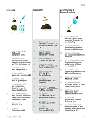 Competence Book - MES
Einleitung Grundlagen Anwendungen &
Lösungsbausteine
4	 Unser Kompetenz-Netzwerk
	 Partner des
	 Competence Books
5	 Editorial Karsten Sontow
	 Manufacturing Execution
	 Systems. Ein Brückenschlag 	
	 zur Vision der Industrie 4.0.
6	 Grußwort Andreas Kirsch
	 MES gefragter denn je!
7	 Grußwort Jürgen Kletti
	 Industrie 4.0 nicht ohne MES!
8	 Grußwort Georg Peters
	 MES im Spannungsfeld
9	 Grußwort Burkhard Röhrig
	 Der VDMA für MES,
	 Industrie 4.0 und die
	 kooperative Ökonomie
	
10	 Status-Quo MES in der Praxis
	 Vom Trend über die Notwen-	
	 digkeit zum Hoffnungsträger 	
	 für Industrie 4.0 & Co
14	 Zahlen kompakt
	 Infografik MES
16	 Statements
	 Statements zu MES
20	 Zukunftsschau MES
	 MES 2020 - Innovationen im 	
	 Zeitalter von Industrie 4.0 & 	
	Co.
30	 MES vorab eingeordnet
	 MES als Teil einer
	 integrier	ten IT und PPS
34	 AuswahlundEinführungMESI		
	 Erfahrung aus der Praxis
39	 Auswahl und Einführung MES II
	 Die Mitarbeiter im Fokus als 	
	 Garant für MES-Erfolge
42	 Auswahl und Einführung MES III
	 BDE, MDE, PEP, ...
	 Der sanfte Einstieg
44	 MES-Integration I	
	 Vorteile einer ERP- / MES-
	Integration
46	 MES-Integration II		
	 Integration von ERP, MES und
	 PLM führt zum Erfolg
47	 MES-Integration III	
	 Die Zukunft von SAP ME:
	 Vollintegration in das ERP
50	 MES-Integration IV
	 Cloud-Lösungen für KMU
53	 MES-Integration V			
	 Vom MES zum
	 Enterprise MES (EMES)
58	 MES für Kennzahlen - KPI
	 MES-Kennzahlen /-KPI als 	
	 essentieller Bestandteil für 	
	 das Controlling
61	 MES für die Produktionseffizienz
	 Effizienter produzieren mit 	
	 integrierten MES-Lösungen
63	 MES für die perfekte Produktion
	 Die Bausteine einer perfekten 	
	Produktion
65	 MES für Ressourcenbedarfsprognose
	 Simulative Ressourcenbe-	
	 darfsprognose auf Basis
	 von Absatzplänen
68	 MES für Tacking & Tracing
	 Beispiel Verpackungsindustrie	
	 MES schafft Transparenz
73	 MES für Energiemanagement I
	 MES meets Energie
76	 MES für Energiemanagement II
	 Innovative Lösungen für nach-	
	 haltige Energiesysteme
78	 MES für die Elektroindustrie
	 MES-Einsatz in der
	 Elektronikproduktion 2020
80	 MES und Mobilität
	 Manufacturing Execution
	 Systems to go ...
82	 MES und Standards/Schnittstellen
	 Maschinen einfach an MES 	
	 anbinden: Universal Maschine 	
	 Connectivity for MES ...
19
INHALT
 