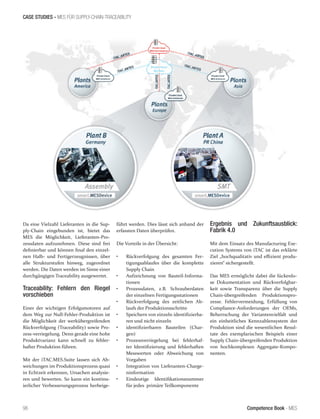 Competence Book - MES
CASE STUDIES - MES FÜR SUPPLY-CHAIN-TRACEABILITY
96
Da eine Vielzahl Lieferanten in die Sup-
ply-Chain eingebunden ist, bietet das
MES die Möglichkeit, Lieferanten-Pro-
zessdaten aufzunehmen. Diese sind frei
definierbar und können final den einzel-
nen Halb- und Fertigerzeugnissen, über
alle Strukturstufen hinweg, zugeordnet
werden. Die Daten werden im Sinne einer
durchgängigen Traceability ausgewertet.
Traceability: Fehlern den Riegel
vorschieben
Einer der wichtigen Erfolgsmotoren auf
dem Weg zur Null-Fehler-Produktion ist
die Möglichkeit der werkübergreifenden
Rückverfolgung (Traceability) sowie Pro-
zess-verriegelung. Denn gerade eine hohe
Produktvarianz kann schnell zu fehler-
hafter Produktion führen.
Mit der iTAC.MES.Suite lassen sich Ab-
weichungen im Produktionsprozess quasi
in Echtzeit erkennen, Ursachen analysie-
ren und bewerten. So kann ein kontinu-
ierlicher Verbesserungsprozess herbeige-
führt werden. Dies lässt sich anhand der
erfassten Daten überprüfen.
Die Vorteile in der Übersicht:
•	 Rückverfolgung des gesamten Fer-
tigungsablaufes über die komplette
Supply Chain
•	 Aufzeichnung von Bauteil-Informa-
tionen
•	 Prozessdaten, z.B. Schrauberdaten
der einzelnen Fertigungsstationen
•	 Rückverfolgung des zeitlichen Ab-
laufs der Produktionsschritte
•	 Speichern von einzeln identifizierba-
ren und nicht einzeln
•	 identifizierbaren Bauteilen (Char-
gen)
•	 Prozessverriegelung bei fehlerhaf-
ter Identifizierung und fehlerhaften
Messwerten oder Abweichung von
Vorgaben
•	 Integration von Lieferanten-Charge-
ninformation
•	 Eindeutige Identifikationsnummer
für jedes primäre Teilkomponente
Ergebnis und Zukunftsausblick:
Fabrik 4.0
Mit dem Einsatz des Manufacturing Exe-
cution Systems von iTAC ist das erklärte
Ziel „hochqualitativ und effizient produ-
zieren“ sichergestellt.
Das MES ermöglicht dabei die lückenlo-
se Dokumentation und Rückverfolgbar-
keit sowie Transparenz über die Supply
Chain-übergreifenden Produktionspro-
zesse. Fehlervermeidung, Erfüllung von
Compliance-Anforderungen der OEMs,
Beherrschung der Variantenvielfalt und
ein einheitliches Kennzahlensystem der
Produktion sind die wesentlichen Resul-
tate des exemplarischen Beispiels einer
Supply Chain-übergreifenden Produktion
von hochkomplexen Aggregate-Kompo-
nenten.
 