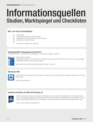 Competence Book - MES
MES - Vom Trend zur Notwendigkeit?
Studienbericht.
Autoren: Markus Weskamp und Rainer Sontow
Durchgeführt von dem Fraunhofer IPA und der Trovarit AG.
Erschienen bei: Trovarit AG, Aachen
www.trovarit.com/studien/mes-einsatz.html
Matchmaker MES
Trovarit stellt eine Suchmaschine für MES-Lösungen zur Verfügung, mit der Sie MES Anbieter mit relevanten Referenzen für Ihr Projekt
finden können.
www.mes-matchmaker.com
Interaktive Checklisten vom MES D.A.CH Verband e.V.
Interaktive Checklisten „Powered by Checkvision“. Checkvision ist eine neue Web 2.0 Internetplattform für das interaktive Anforde-
rungs- und Entscheidungsmanagement.Die Checklisten des MES D.A.CH Verbands ergänzen Web-basiert und interaktiv die Print-Ver-
sionen der Marktspiegel. Anwender können die Checklisten mit minimalem Aufwand und ohne Kosten auf vielfache Weise nutzen:
www.mes-dach.de/index.php/checkliste.html
Marktspiegel MES Fertigungssteuerung 2013/2014
Ute Mussbach-Winter - Fraunhofer IPA, Thomas Wochinger - Fraunhofer IPA, Rolf Kipp - Trovarit AG
Anbieter-Systeme-Projekte
4.überarbeitete Auflage 2013. Die Studie kann als Ringbuch oder als lizensierte PDF-Datei zum Preis von 300,- Euro (ggf. zuzüglich
Versandkosten) über die Trovarit AG bezogen werden.
www.trovarit.com/veroeffentlichungen/marktspiegel/mes-system-markt.html
Informationsquellen
Studien, Marktspiegel und Checklisten
BRANCHENÜBERSICHT - INFORMATIONSQUELLEN
104
 