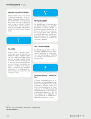 Competence Book - MES
Statistical Process Control (SPC)
Statistical Process Control (SPC), deutsch:
„Statistische Prozesslenkung“ ist die kon-
sequente Anwendung statistischer Metho-
den, um einen Prozess zu überwachen. Ziel
dieser Überwachung ist es, Qualitätsdefizite
bereits während der laufenden Produktion
zu entdecken. Dabei können sowohl quan-
titative als auch qualitative Merkmale eines
Produktes oder eines Prozesses überwacht
werden.
T
Traceability
Traceability (deutsch: „Rückverfolgbarkeit“)
bedeutet, dass zu einem Produkt oder einer
Handelsware jederzeit festgestellt werden
kann, wann und wo und durch wen die Ware
gewonnen, hergestellt, verarbeitet, gelagert,
transportiert, verbraucht oder entsorgt wur-
de. Diese Weg- und Prozessverfolgung wird
auch Tracing genannt. Unterschieden wird
zwischen: Downstream-Tracing (abwärts-
gerichtet - vom Erzeuger zum Verbraucher)
und Upstream-Tracing (aufwärtsgerichtet -
vom Verbraucher zum Erzeuger). Siehe auch
Tracking and Tracing.
Z
Zustandsorientierte Instandhal-
tung
Ausgehend vom aktuellen Zustand der An-
lage werden vorbeugend Instandhaltungs-
maßnahmen durchgeführt mit dem Ziel, die
Ausfallzeiten zu reduzieren. Primärer Fokus
ist die Schadensvorbeugung. Der Abnut-
zungsvorrat der Instandhaltungsobjekte wird
besser ausgenutzt als bei der Strategie der
vorbeugenden Instandhaltung. Es lässt sich
in der Regel eine höhere Verfügbarkeit und
Zuverlässigkeit als bei der Strategie der aus-
fallbedingten Instandhaltung erreichen.
V
VMA-Einheitsblatt 66412
Das VDMA-Einheitsblatt 66412 enthält eine
Sammlung betriebswirtschaftlicher Kenn-
zahlen für den Bereich der Fertigungssteu-
erung und -überwachung zur Beurteilung
und Festlegung der Zielvorgaben von Fer-
tigungsprozessen.	
VDI Richtlinie 5600
Der Begriff MES wird in Deutschland durch
die VDI-Richtlinie 5600 und das NAMUR-Ar-
beitsblatt NA 94 transparent gehalten. Die
Richtlinie beschreibt die Aufgaben und den
Nutzen von MES in einer anwendungsna-
hen Form. Sie wendet sich in erster Linie
an potenzielle Anwender in produzierenden
Unternehmen, also z. B. Fertigungsleiter
oder Arbeitsvorbereiter und beschreibt acht
typische MES-Aufgaben.
BRANCHENÜBERSICHT - GLOSSAR
130
Quellen:
http://www.syncos.com/kontakt/mes-glossar/glossary-search/1/all.html
http://www.wikipedia.de
 