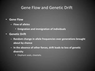 Gene Flow and Genetic Drift

• Gene Flow
   – Flow of alleles
       • Emigration and immigration of individuals
• Genetic Drift
   – Random change in allele frequencies over generations brought
     about by chance
   – In the absence of other forces, drift leads to loss of genetic
     diversity
       • Elephant seals, cheetahs
 