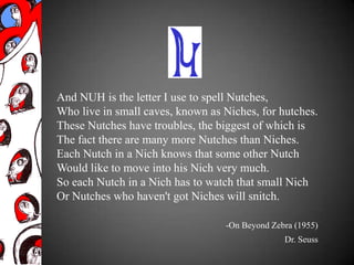 And NUH is the letter I use to spell Nutches,
Who live in small caves, known as Niches, for hutches.
These Nutches have troubles, the biggest of which is
The fact there are many more Nutches than Niches.
Each Nutch in a Nich knows that some other Nutch
Would like to move into his Nich very much.
So each Nutch in a Nich has to watch that small Nich
Or Nutches who haven't got Niches will snitch.

                                  -On Beyond Zebra (1955)
                                                Dr. Seuss
 