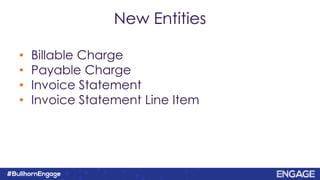 New Entities
• Billable Charge
• Payable Charge
• Invoice Statement
• Invoice Statement Line Item
 