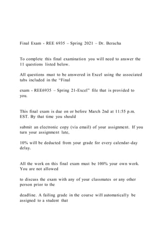 Final Exam - REE 6935 – Spring 2021 – Dr. Beracha
To complete this final examination you will need to answer the
11 questions listed below.
All questions must to be answered in Excel using the associated
tabs included in the “Final
exam - REE6935 – Spring 21-Excel” file that is provided to
you.
This final exam is due on or before March 2nd at 11:55 p.m.
EST. By that time you should
submit an electronic copy (via email) of your assignment. If you
turn your assignment late,
10% will be deducted from your grade for every calendar-day
delay.
All the work on this final exam must be 100% your own work.
You are not allowed
to discuss the exam with any of your classmates or any other
person prior to the
deadline. A failing grade in the course will automatically be
assigned to a student that
 