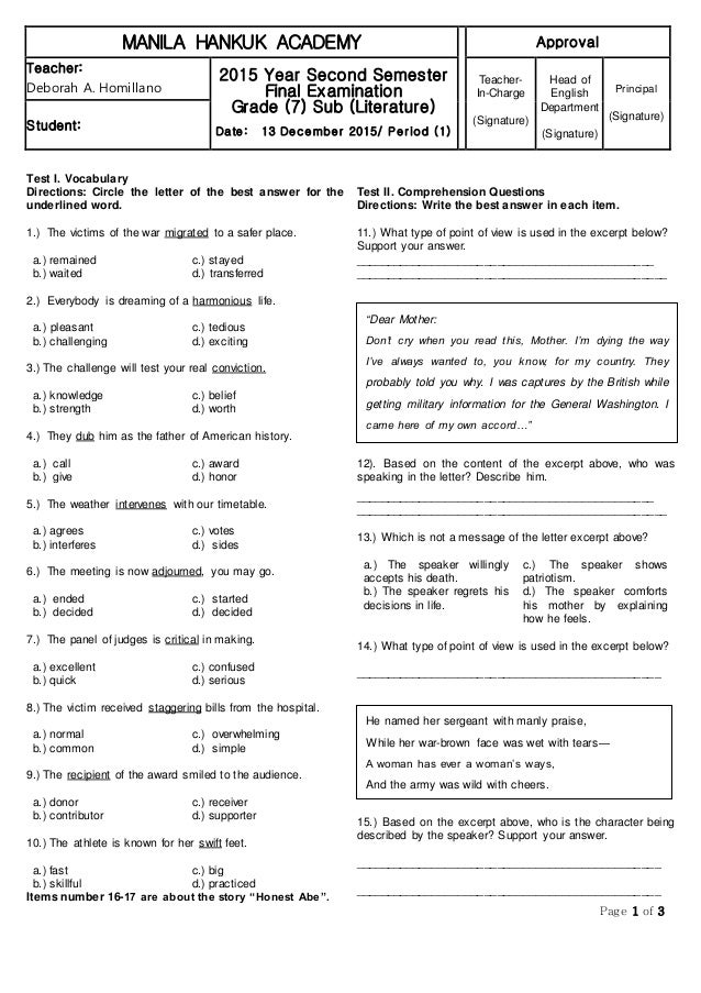 Final exam 2 (grade 7 literature)