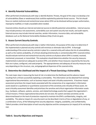 4. Identify Potential Vulnerabilities.
Often performed simultaneously with step 3, Identify Realistic Threats, the goal of this step is to develop a list
of vulnerabilities (flaws or weaknesses) that could be exploited by potential threat sources. This list should
focus on realistic technical and nontechnical areas where EPHI can be disclosed without proper authorization,
improperly modified, or made unavailable when needed.

Covered entities should use internal and external sources to identify potential vulnerabilities. Internal sources
may include previous risk assessments, vulnerability scan and system security test results, and audit reports.
External sources may include Internet searches, vendor information, insurance data, and vulnerability
databases such as the National Vulnerability Database (http://nvd.nist.gov).

5. Assess Current Security Controls.
Often performed simultaneously with step 2, Gather Information, the purpose of this step is to determine if
the implemented or planned security controls will minimize or eliminate risks to EPHI. A thorough
understanding of the actual security controls in place for a covered entity will reduce the list of vulnerabilities,
as well as the realistic probability, of a threat attacking (intentionally or unintentionally) EPHI. Covered entities
should evaluate technical and nontechnical security controls at all places where EPHI is created, received,
maintained, processed, or transmitted. This evaluation should determine whether the security measures
implemented or planned are adequate to protect EPHI, and whether those measures required by the Security
Rule are in place, configured, and used properly. The appropriateness and adequacy of security measures may
vary depending on the structure, size, and geographical dispersion of the covered entity.

6. Determine the Likelihood and the Impact of a Threat Exercising a Vulnerability.
The next major step in measuring the level of risk is to determine the likelihood and the adverse impact
resulting from a threat successfully exploiting a vulnerability. This information can be obtained from existing
organizational documentation, such as business impact and asset criticality assessments. A business impact
assessment prioritizes the impact levels associated with the compromise of an organization’s information
assets based on a qualitative or quantitative assessment of the sensitivity and criticality of those assets. An
asset criticality assessment identifies and prioritizes the sensitive and critical organization information assets
(e.g., hardware, software, systems, services, and related technology assets) that support the organization’s
critical missions. If these organizational documents do not exist, the system and data sensitivity can be
determined based on the level of protection required to maintain the EPHI’s confidentiality, integrity, and
availability. The adverse impact of a security event can be described in terms of loss or degradation of any, or
a combination of any, of the following three security objectives: integrity, availability, and confidentiality.
Table 6 provides a brief description of each security objective and the consequence (or impact) of its not being
met.



Table 6. Security Objectives and Impacts
                                                                                         18 | P a g e
 