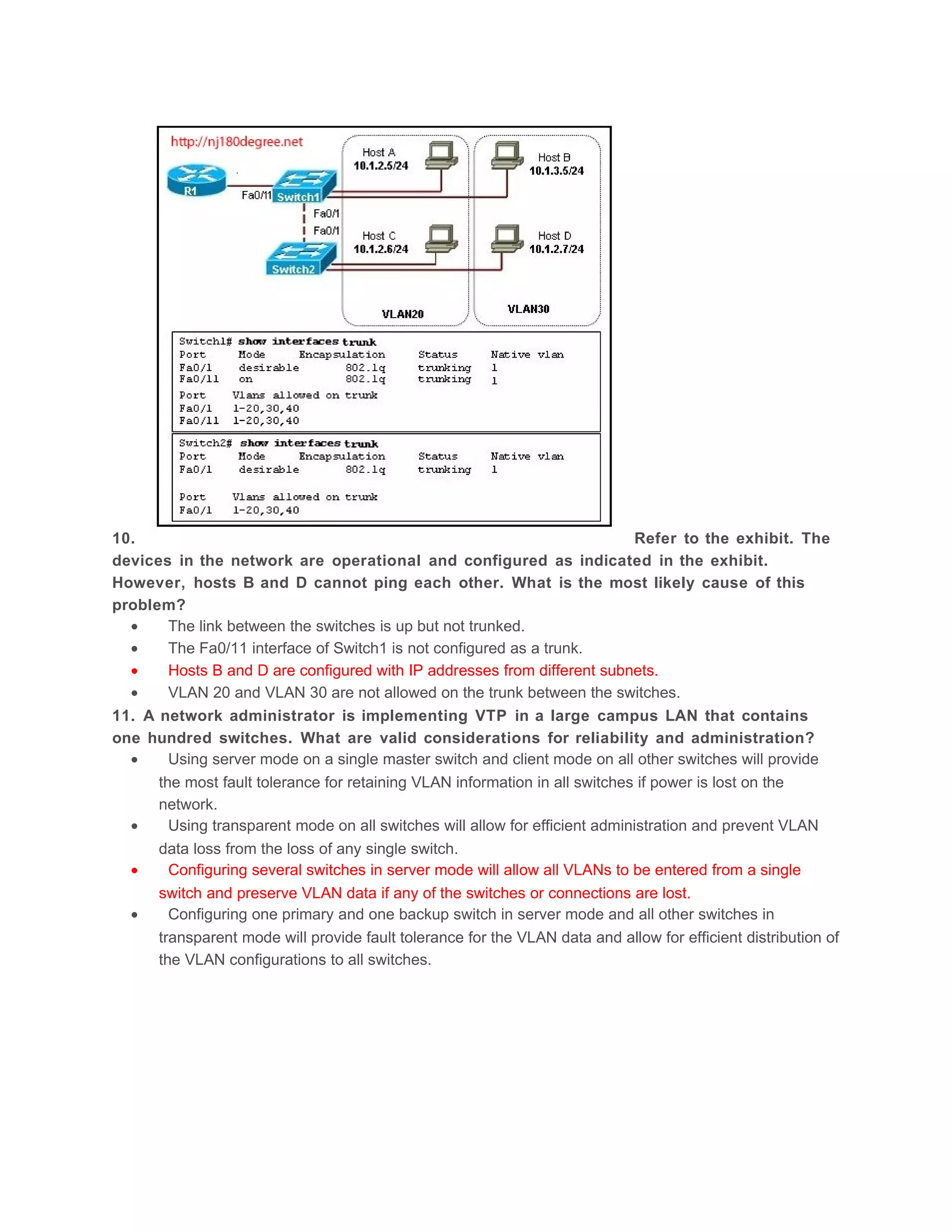 10.                                                                          Refer to the exhibit. The
devices in the network are operational and configured as indicated in the exhibit.
However, hosts B and D cannot ping each other. What is the most likely cause of this
problem?
  •     The link between the switches is up but not trunked.
  •     The Fa0/11 interface of Switch1 is not configured as a trunk.
  •     Hosts B and D are configured with IP addresses from different subnets.
  •     VLAN 20 and VLAN 30 are not allowed on the trunk between the switches.
11. A network administrator is implementing VTP in a large campus LAN that contains
one hundred switches. What are valid considerations for reliability and administration?
  •     Using server mode on a single master switch and client mode on all other switches will provide
      the most fault tolerance for retaining VLAN information in all switches if power is lost on the
      network.
  •     Using transparent mode on all switches will allow for efficient administration and prevent VLAN
      data loss from the loss of any single switch.
  •     Configuring several switches in server mode will allow all VLANs to be entered from a single
      switch and preserve VLAN data if any of the switches or connections are lost.
  •     Configuring one primary and one backup switch in server mode and all other switches in
      transparent mode will provide fault tolerance for the VLAN data and allow for efficient distribution of
      the VLAN configurations to all switches.
 