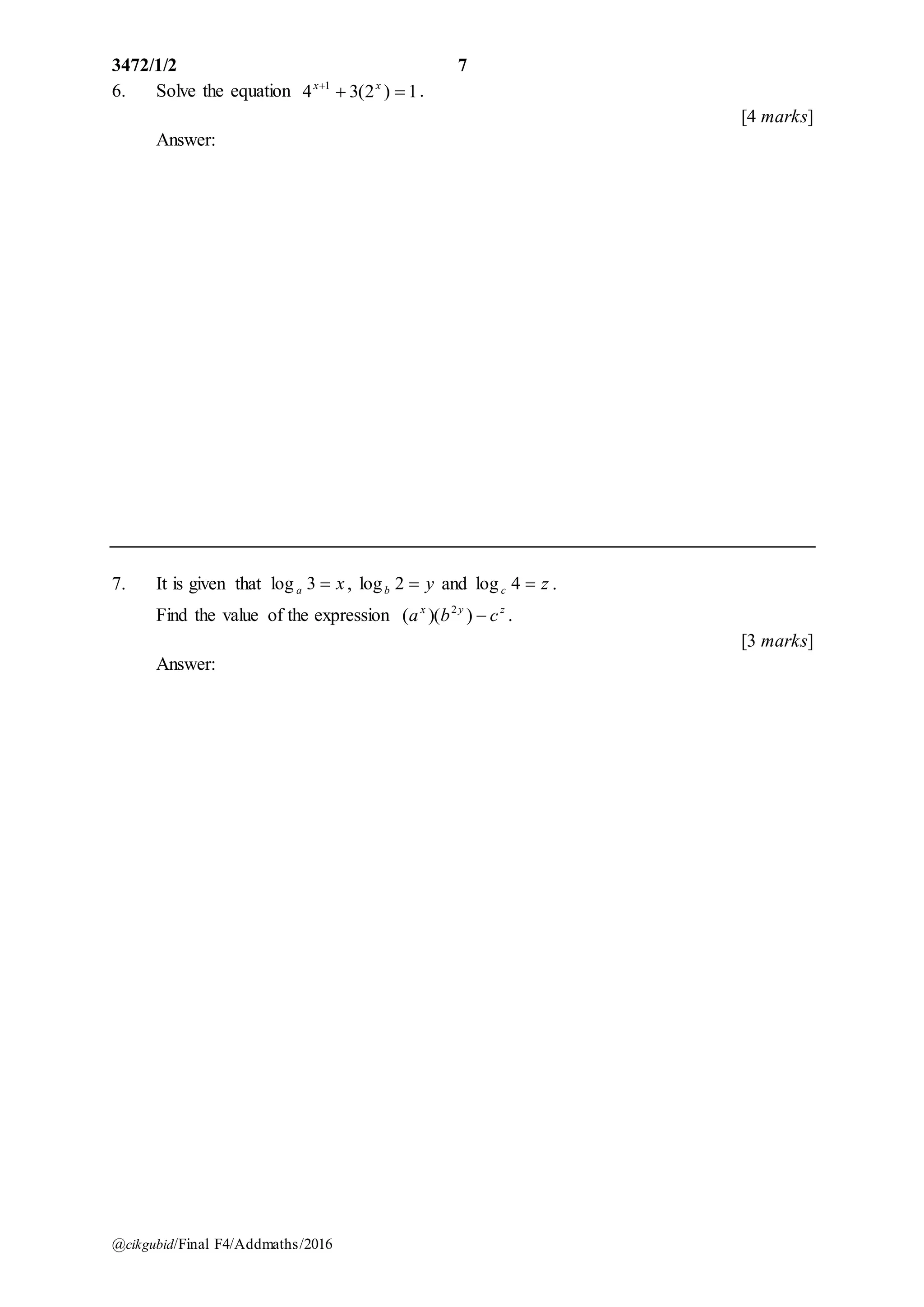 Add Math Question And Answer Peperiksaan akhir tahun addmaths form 4 2016 | DOCX
