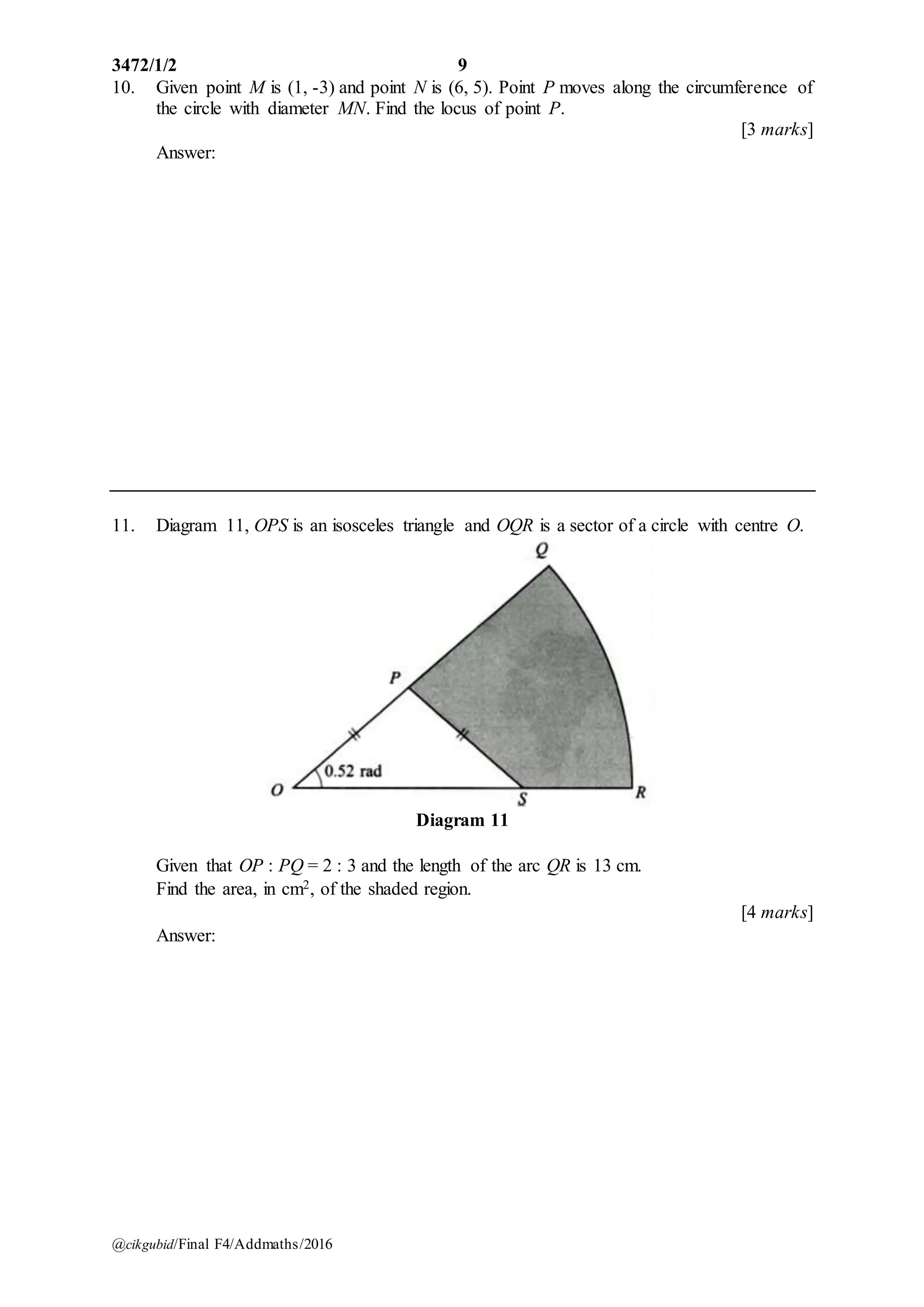 Form 4 Add Math Paper Peperiksaan akhir tahun addmaths form 4 2016 | DOCX