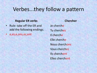 Verbes...they follow a pattern
Regular ER verbs
• Rule: take off the ER and
add the following endings.
• e,es,e,ons,ez,ent
Chercher
Je cherche
Tu cherches
Il cherche
Elle cherche
Nous cherchons
Vous cherchez
Ils cherchent
Elles cherchent
 