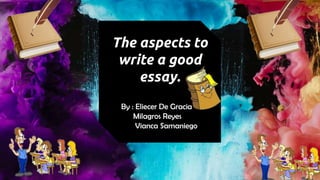 The aspects to
write a good
essay.
By : Eliecer De Gracia
Milagros Reyes
Vianca Samaniego
 