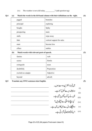 (iv)    The weather is not cold today __________? (add question tag)

Q.4   (a)    Match the words in the left hand column with their definitions on the right.           (4)

            jagged                                branches

            principal                             exploring

            boughs                                Spiky

            prospecting                           main

            stalls                                wipe away

            fade                                  vertical support for sales

            mast                                  become less

            efface                                stables

      (b)    Match words with relevant parts of speech.                                             (3)

            famine                                  verb

            scarce                                  Simile

            extinguish                              noun

            doubtfully                              Preposition

            excited as a puppy                      Adjective

            beyond                                  adverb

Q.5   Translate any FIVE sentences into English.                                                    (5)


                                                                                             (i)

                                                                                            (ii)

                                                                                            (iii)

                                                                                            (iv)

                                                                                             (v)

                                                                                            (vi)




                            Page 23 of 25 (All papers Final exam class-VI)
 
