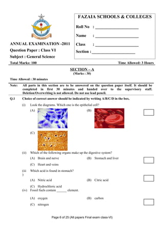 FAZAIA SCHOOLS & COLLEGES

                                                 Roll No : _____________________

                                                 Name          : _____________________
ANNUAL EXAMINATION -2011                         Class         : _____________________
Question Paper : Class VI                        Section : _____________________
Subject : General Science
Total Marks: 100                                                               Time Allowed: 3 Hours
                                             SECTION – A
                                               (Marks : 30)
Time Allowed : 30 minutes
Note:   All parts in this section are to be answered on the question paper itself. It should be
        completed in first 30 minutes and handed over to the supervisory staff.
        Deletion/Overwriting is not allowed. Do not use lead pencil.
Q.1     Choice of correct answer should be indicated by writing A/B/C/D in the box.
        (i)    Look the diagrams. Which one is the epithelial cell?
               (A)                                       (B)




               (C)




        (ii)   Which of the following organs make up the digestive system?
               (A) Brain and nerve                       (B) Stomach and liver
               (C) Heart and veins
        (iii   Which acid is found in stomach?
        )
               (A) Nitric acid                           (B) Citric acid
             (C) Hydrochloric acid
        (iv) Fossil fuels contain ______ element.

               (A) oxygen                                (B) carbon
               (C) nitrogen


                               Page 6 of 25 (All papers Final exam class-VI)
 