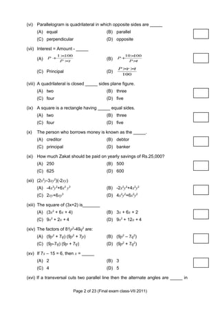 Final examination 2011 class vii | PDF