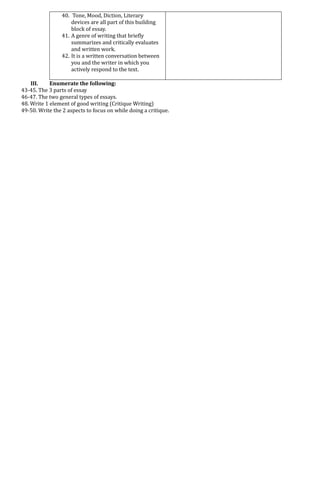 40. Tone, Mood, Diction, Literary
devices are all part of this building
block of essay.
41. A genre of writing that briefly
summarizes and critically evaluates
and written work.
42. It is a written conversation between
you and the writer in which you
actively respond to the text.
III. Enumerate the following:
43-45. The 3 parts of essay
46-47. The two general types of essays.
48. Write 1 element of good writing (Critique Writing)
49-50. Write the 2 aspects to focus on while doing a critique.
 