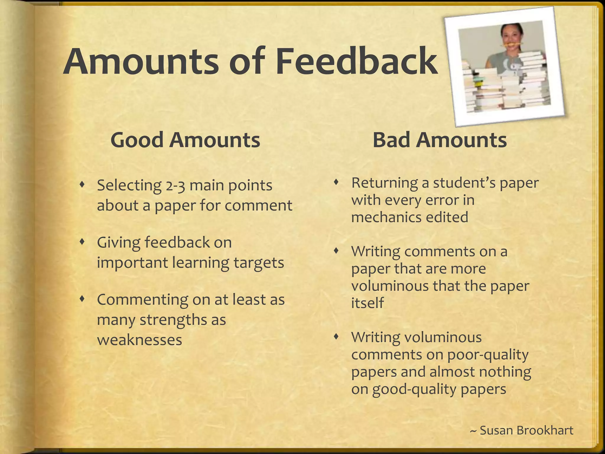 Amounts of Feedback
Good Amounts
 Selecting 2-3 main points
about a paper for comment
 Giving feedback on
important learning targets
 Commenting on at least as
many strengths as
weaknesses
Bad Amounts
 Returning a student’s paper
with every error in
mechanics edited
 Writing comments on a
paper that are more
voluminous that the paper
itself
 Writing voluminous
comments on poor-quality
papers and almost nothing
on good-quality papers
~ Susan Brookhart
 