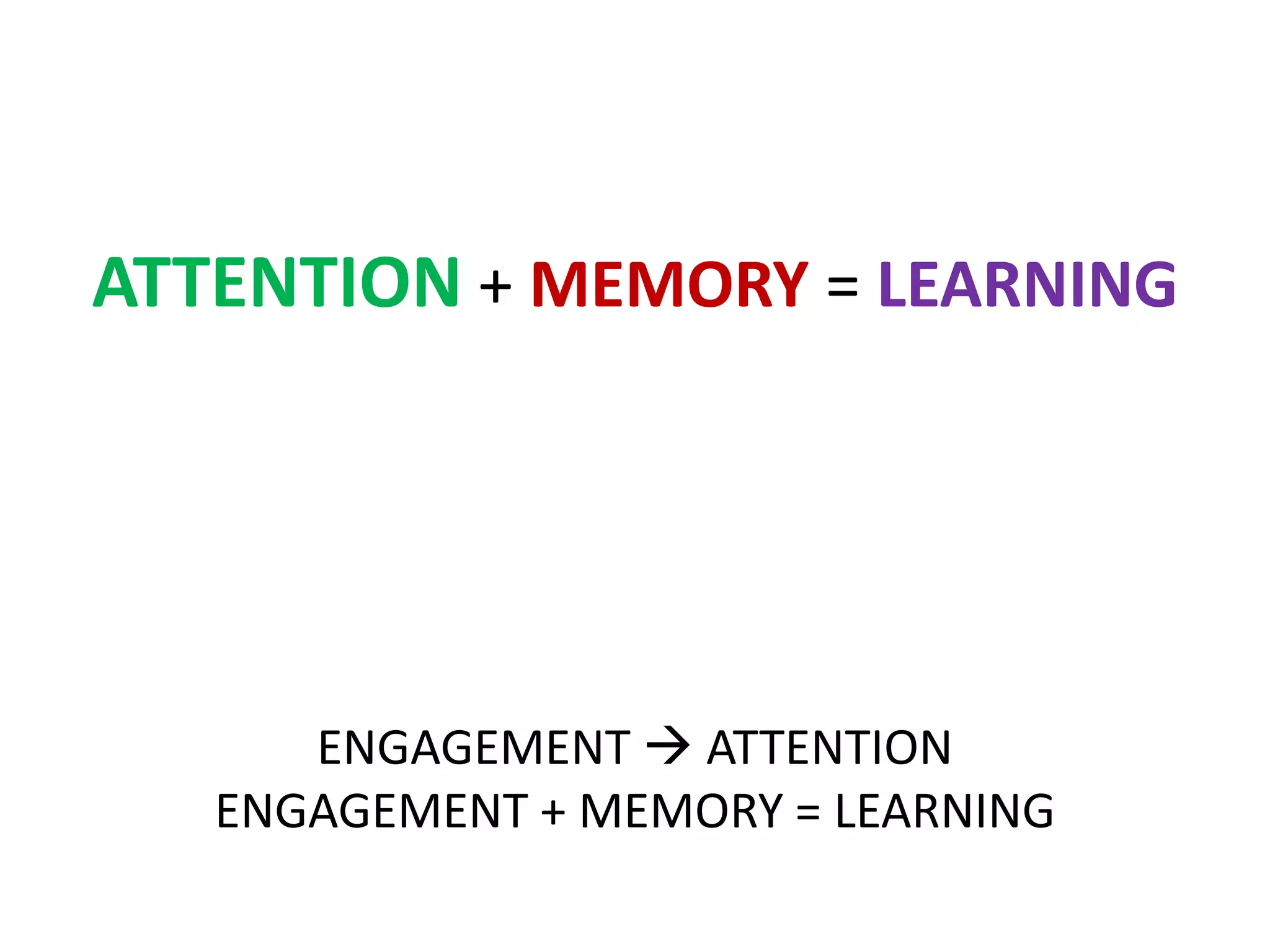 ATTENTION + MEMORY = LEARNING
ENGAGEMENT  ATTENTION
ENGAGEMENT + MEMORY = LEARNING
 