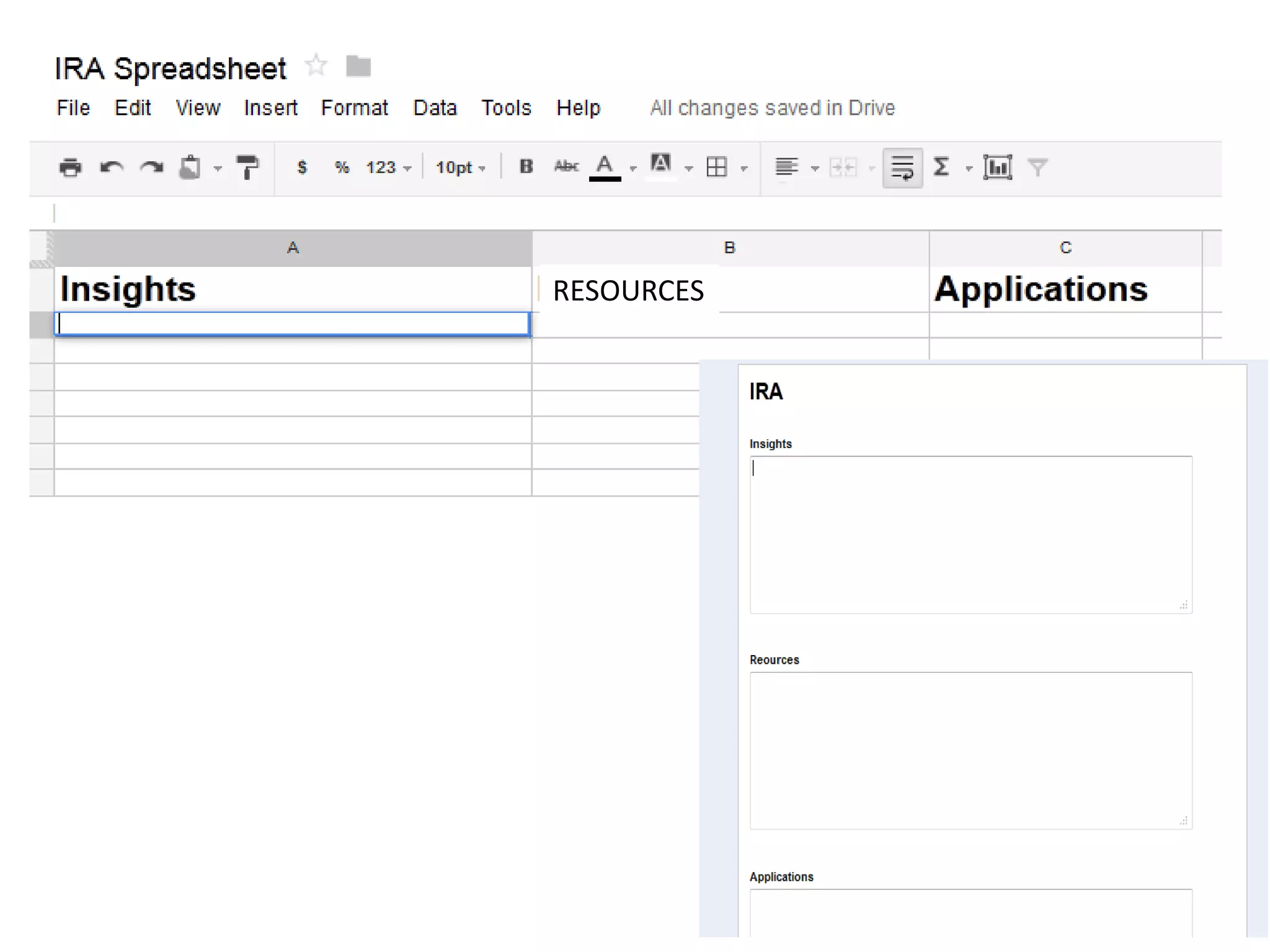 Insights, Resources, Applications –
Google Spreadsheets
Reading Assignment
Record on a shared google spreadsheet with
three columns- Insights, Resources, Application
• new perceptions or understandings (Insights)
• a resource they have found that amplifies the
reading’s themes or information (Resources)
• an example from the student’s personal
experience that relates to the reading
(Application).
RESOURCES
 