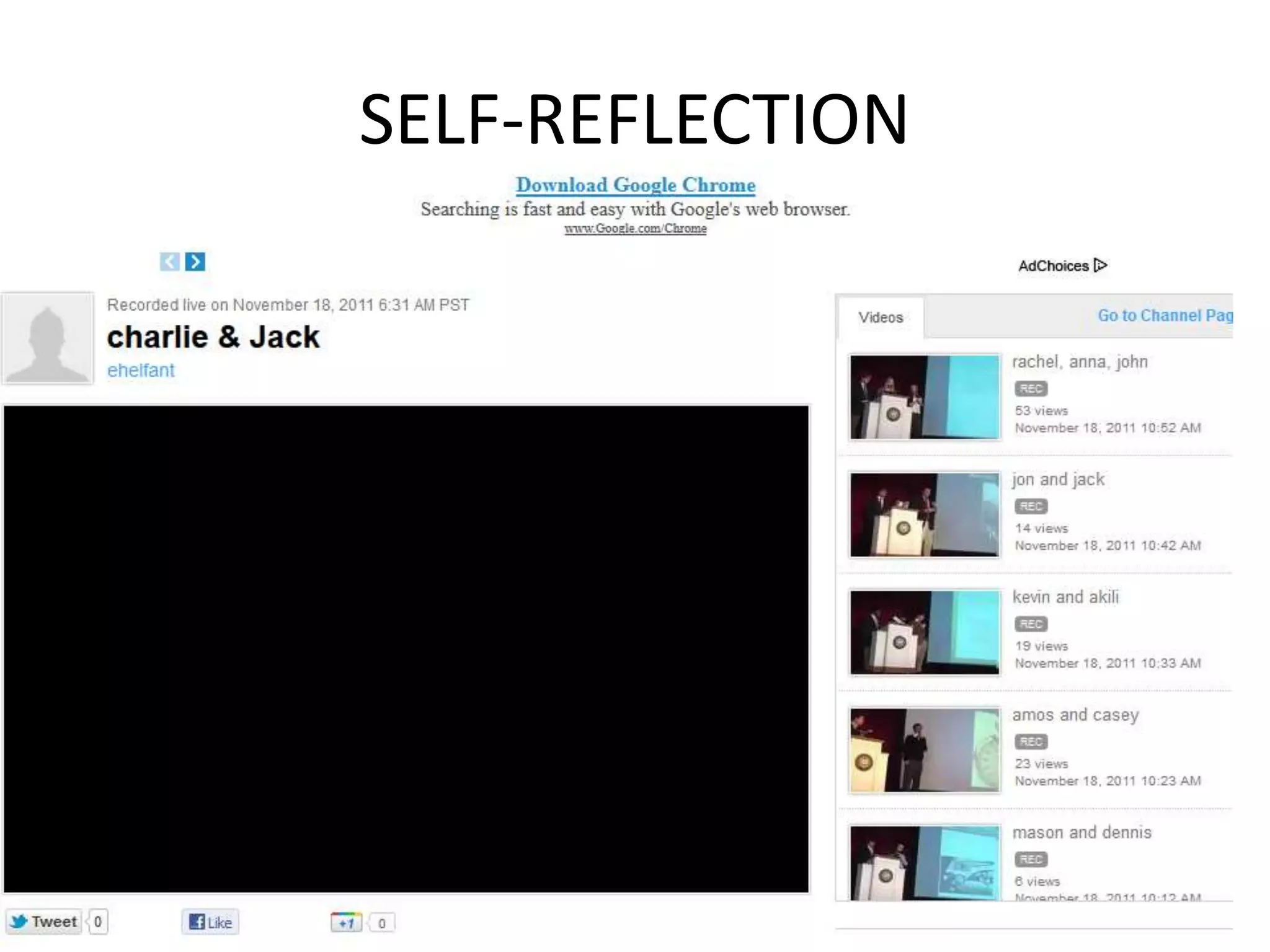 SELF-REFLECTION
Learning Journals/Blogs
Shared Google Doc
Shared Spreadsheet – Key Idea/ What I learned/What I still
wonder
Frederick Douglas Speaker Series – Ustream Presentations
WHY? Brain Closure – move to long term memory
 