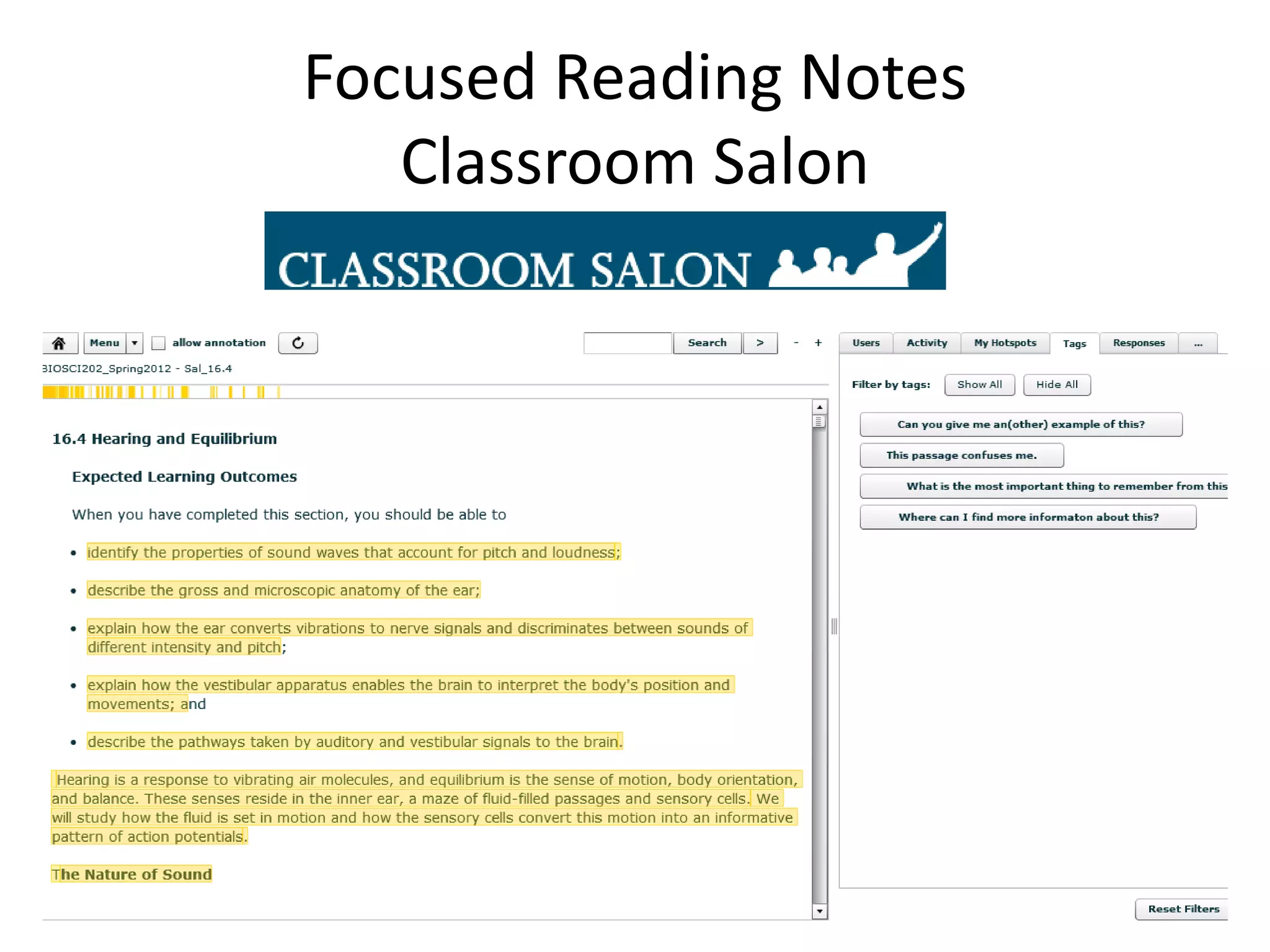 Focused Reading Notes
Classroom Salon
 