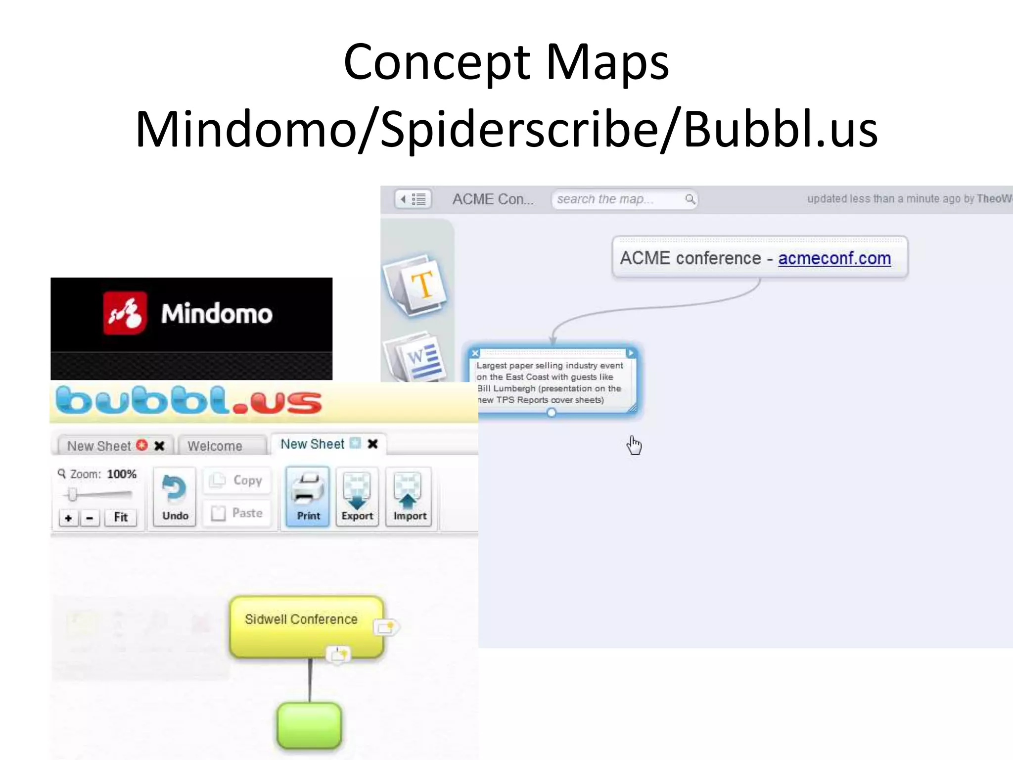 Concept Maps
Mindomo/Spiderscribe/Bubbl.us
 