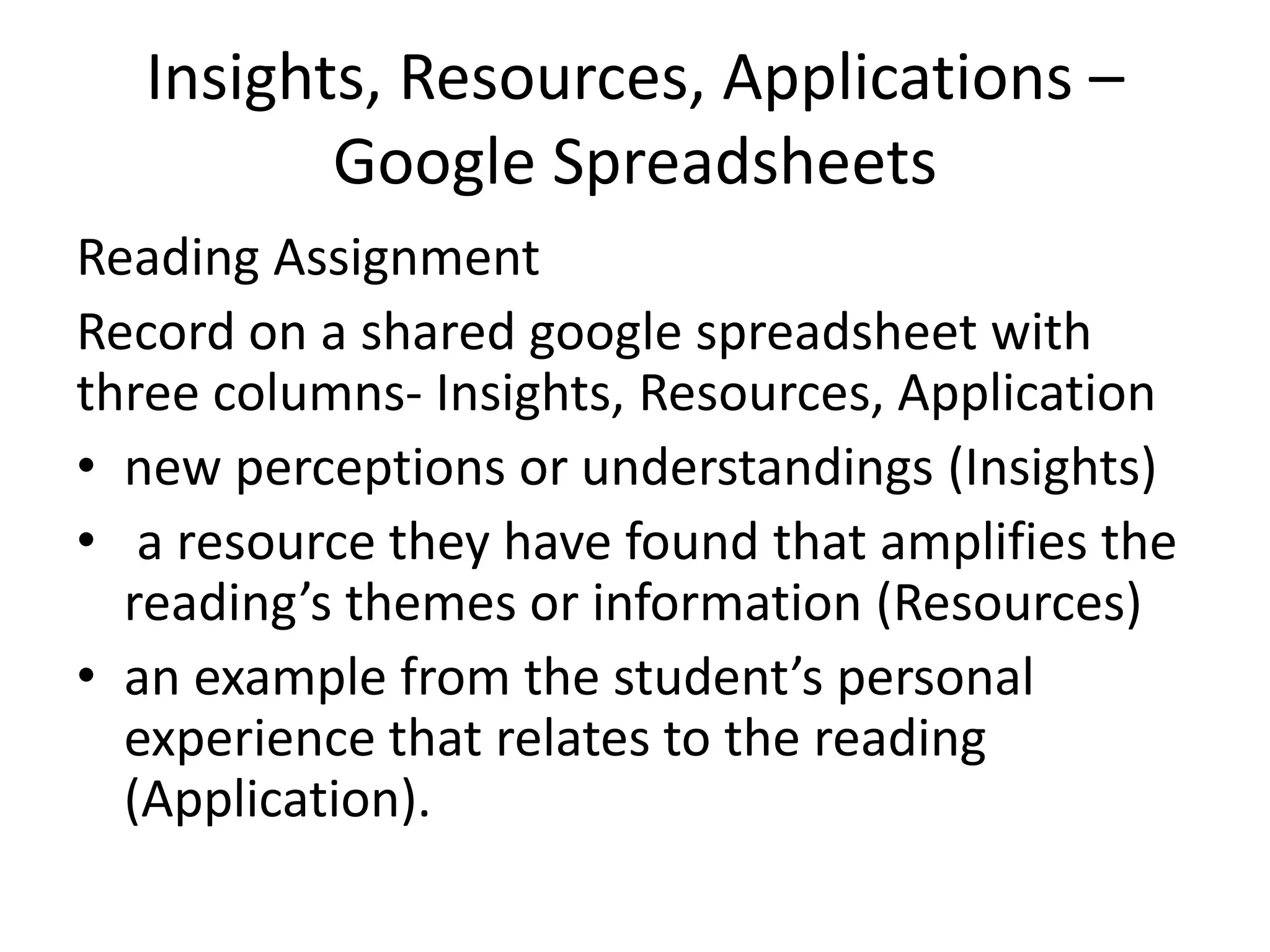 Insights, Resources, Applications –
Google Spreadsheets
Reading Assignment
Record on a shared google spreadsheet with
three columns- Insights, Resources, Application
• new perceptions or understandings (Insights)
• a resource they have found that amplifies the
reading’s themes or information (Resources)
• an example from the student’s personal
experience that relates to the reading
(Application).
 