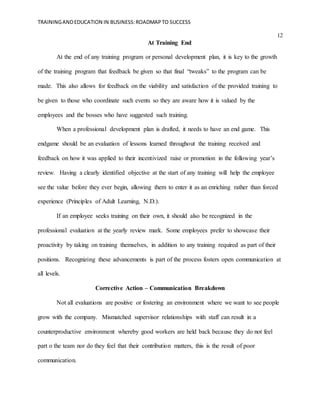 TRAININGANDEDUCATION IN BUSINESS:ROADMAPTO SUCCESS
12
At Training End
At the end of any training program or personal development plan, it is key to the growth
of the training program that feedback be given so that final “tweaks” to the program can be
made. This also allows for feedback on the viability and satisfaction of the provided training to
be given to those who coordinate such events so they are aware how it is valued by the
employees and the bosses who have suggested such training.
When a professional development plan is drafted, it needs to have an end game. This
endgame should be an evaluation of lessons learned throughout the training received and
feedback on how it was applied to their incentivized raise or promotion in the following year’s
review. Having a clearly identified objective at the start of any training will help the employee
see the value before they ever begin, allowing them to enter it as an enriching rather than forced
experience (Principles of Adult Learning, N.D.).
If an employee seeks training on their own, it should also be recognized in the
professional evaluation at the yearly review mark. Some employees prefer to showcase their
proactivity by taking on training themselves, in addition to any training required as part of their
positions. Recognizing these advancements is part of the process fosters open communication at
all levels.
Corrective Action – Communication Breakdown
Not all evaluations are positive or fostering an environment where we want to see people
grow with the company. Mismatched supervisor relationships with staff can result in a
counterproductive environment whereby good workers are held back because they do not feel
part o the team nor do they feel that their contribution matters, this is the result of poor
communication.
 