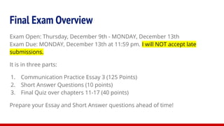 Final Exam Overview
Exam Open: Thursday, December 9th - MONDAY, December 13th
Exam Due: MONDAY, December 13th at 11:59 pm. I will NOT accept late
submissions.
It is in three parts:
1. Communication Practice Essay 3 (125 Points)
2. Short Answer Questions (10 points)
3. Final Quiz over chapters 11-17 (40 points)
Prepare your Essay and Short Answer questions ahead of time!
 