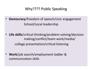 Why???? Public Speaking
• Democracy/freedom of speech/civic engagement
School/Local leadership
• Life skills/critical thinking/problem solving/decision
making/conflict/team work/media/
college presentation/critical listening
• Work/job search/employment ladder &
communication skills
 