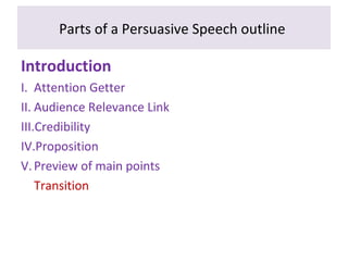 Parts of a Persuasive Speech outline
Introduction
I. Attention Getter
II. Audience Relevance Link
III.Credibility
IV.Proposition
V.Preview of main points
Transition
 