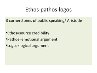 Ethos-pathos-logos
3 cornerstones of public speaking/ Aristotle
•Ethos=source credibility
•Pathos=emotional argument
•Logos=logical argument
 