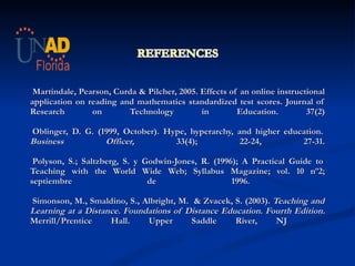       Martindale, Pearson, Curda & Pilcher, 2005. Effects of an online instructional application on reading and mathematics standardized test scores. Journal of Research on Technology in Education. 37(2)  Oblinger, D. G. (1999, October). Hype, hyperarchy, and higher education.  Business Officer,  33(4); 22-24, 27-31.   Polyson, S.; Saltzberg, S. y Godwin-Jones, R. (1996); A Practical Guide to Teaching with the World Wide Web; Syllabus Magazine; vol. 10 nº2; septiembre de 1996.   Simonson, M., Smaldino, S., Albright, M.  & Zvacek, S. (2003).  Teaching and Learning at a Distance. Foundations of Distance Education. Fourth Edition.  Merrill/Prentice Hall. Upper Saddle River, NJ    