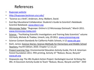 References
•   Bugscope website
•   Http://bugscope.beckman.uiuc.edu/
•   “Science as a Verb”, Anderson, Amy; Walbert, David.
•   East Bay Educational Collaborative: Students’s Guide to Scientist’s Notebook:
    Scientist Notebook: www.ebecri.org
•   Microscopy Today: “Bugscope: Online k-12 Microscopy Outreach,” March 2011.
    www.microscopy-today.com
•   Science : “Facilitating Scientific Investigations and Training Data Scientists” volume
    333 Korb, Michele & Thakkar, Umesh; July, 29 2011. www.sciencemag.org
•   Science Content Standards for California Public Schools, k-12 www.cde.gov
•   Koch, Janice; Science Stories: Science Methods for Elementary and Middle School
    Teachers; Fourth Edition; 2010. Chapter 5,7,11,12
•   Project Learning Tree: Environmental Education Activity Guide, Pre k-8. American
    Forest Foundation 2011. fifth printing. Activity 37 “Reduce, Reuse, Recycle”
    www.plt.org
•   Stopwaste.org: The 4Rs Student Action Project: Garbologist Journal & Doing the
    4Rs: A Classroom Activity Guide to Teach “Reduce, Reuse, Recycle and Rot”- DVD
 