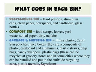 What goes in each Bin?
• Recyclables bin – Hard plastics, aluminum
  cans, clean paper, newspaper, and cardboard, glass
  bottles
• Compost bin – food scraps, leaves, yard
  waste, soiled paper, dirty napkins
• Garbage & Landfill bin – flimsy plastic, Capri
  Sun pouches, juice boxes (they are a composite of
  plastic, cardboard and aluminum), plastic straws, chip
  bags, candy wrappers, plastic bags (these can be
  recycled at grocery stores and in some cities where they
  can be bundled and put in the curbside recycling
  cart), plastic utensils, Styrofoam
 