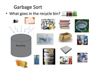 Garbage Sort
• What goes in the recycle bin?




     Recycling
 