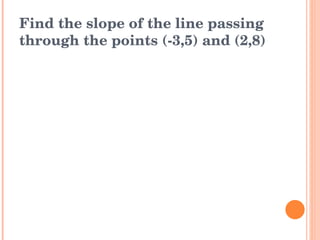 Find the slope of the line passing through the points (-3,5) and (2,8) 